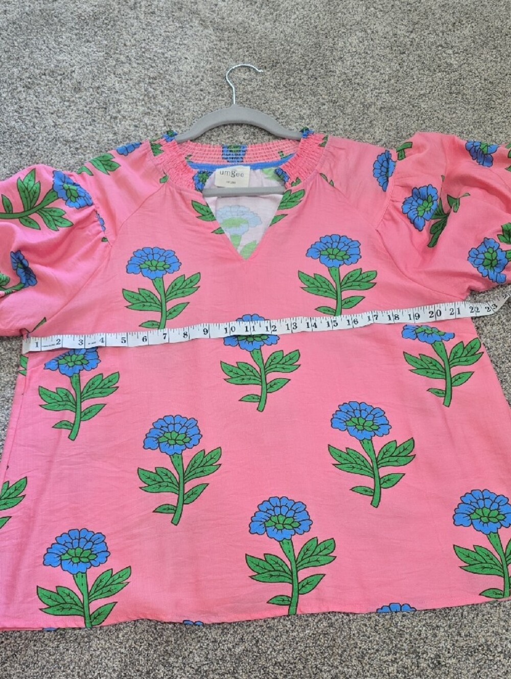 Umgee Pink Floral Smocked V-Neck Short Sleeve Blouse - Picture 7 of 9